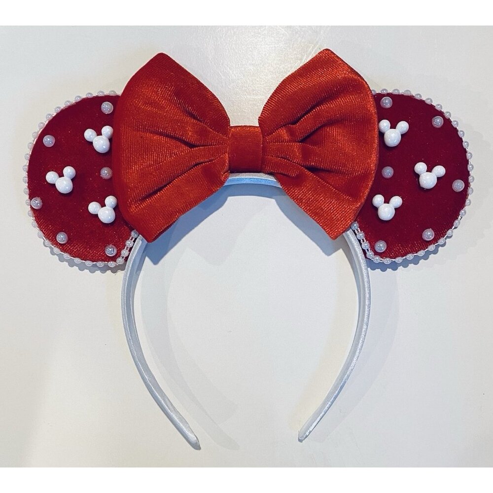 NEW PLUSH RED & WHITE MOUSE EARS VALENTINE’S DAY Pearls Bow HEADBAND Hairpiece